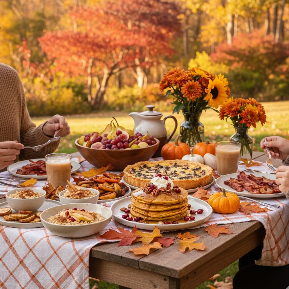 Brunch d’automne composé de plats gourmands aux couleurs chaudes, servi dans une ambiance chaleureuse chez Chez Mamie Suz’