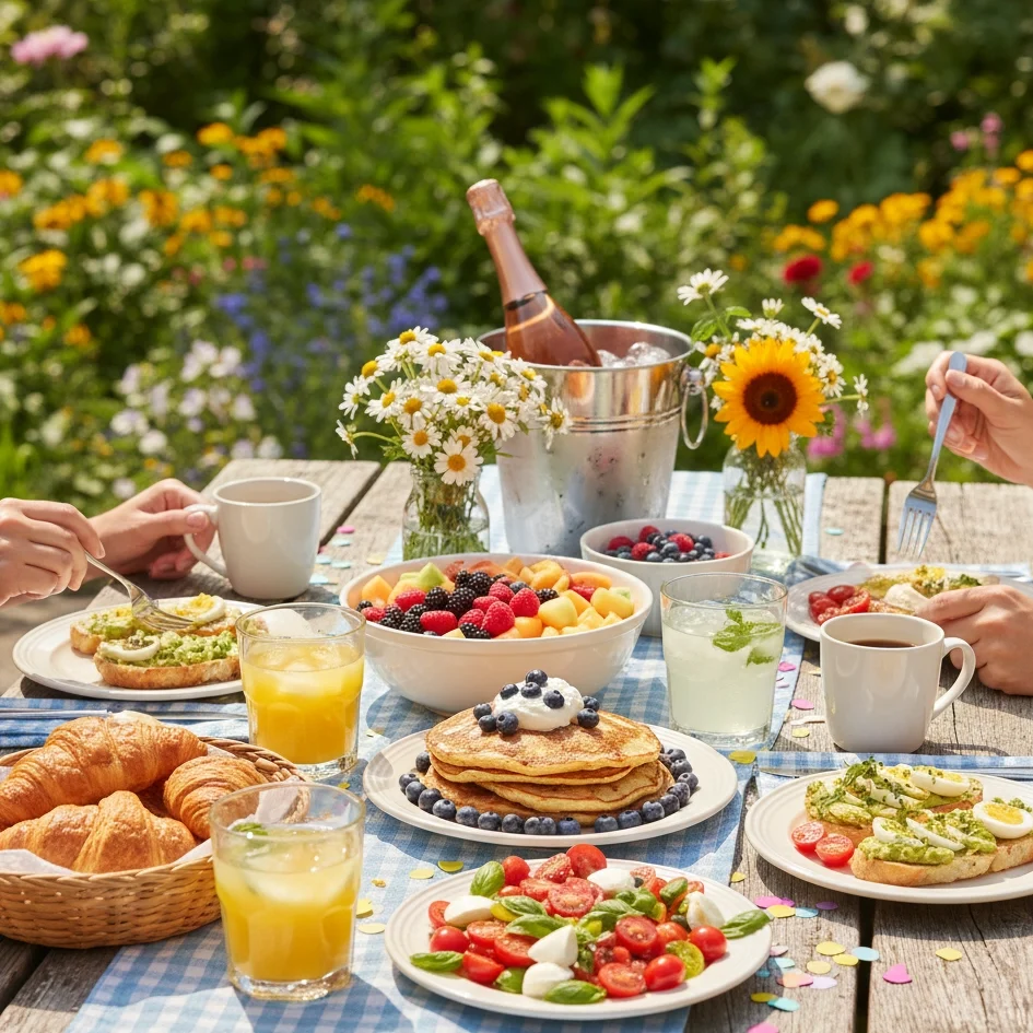 Brunch d’été composé de plats frais et colorés, servi en extérieur dans une ambiance ensoleillée Chez Mamie Suz’