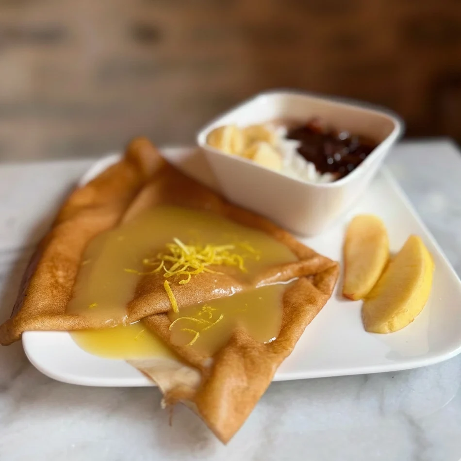 Une crêpe dorée pliée en triangle, généreusement arrosée de jus de citron liquide et brillant, posée sur une assiette en porcelaine blanche décorée de baies, sur une table en bois texturé.