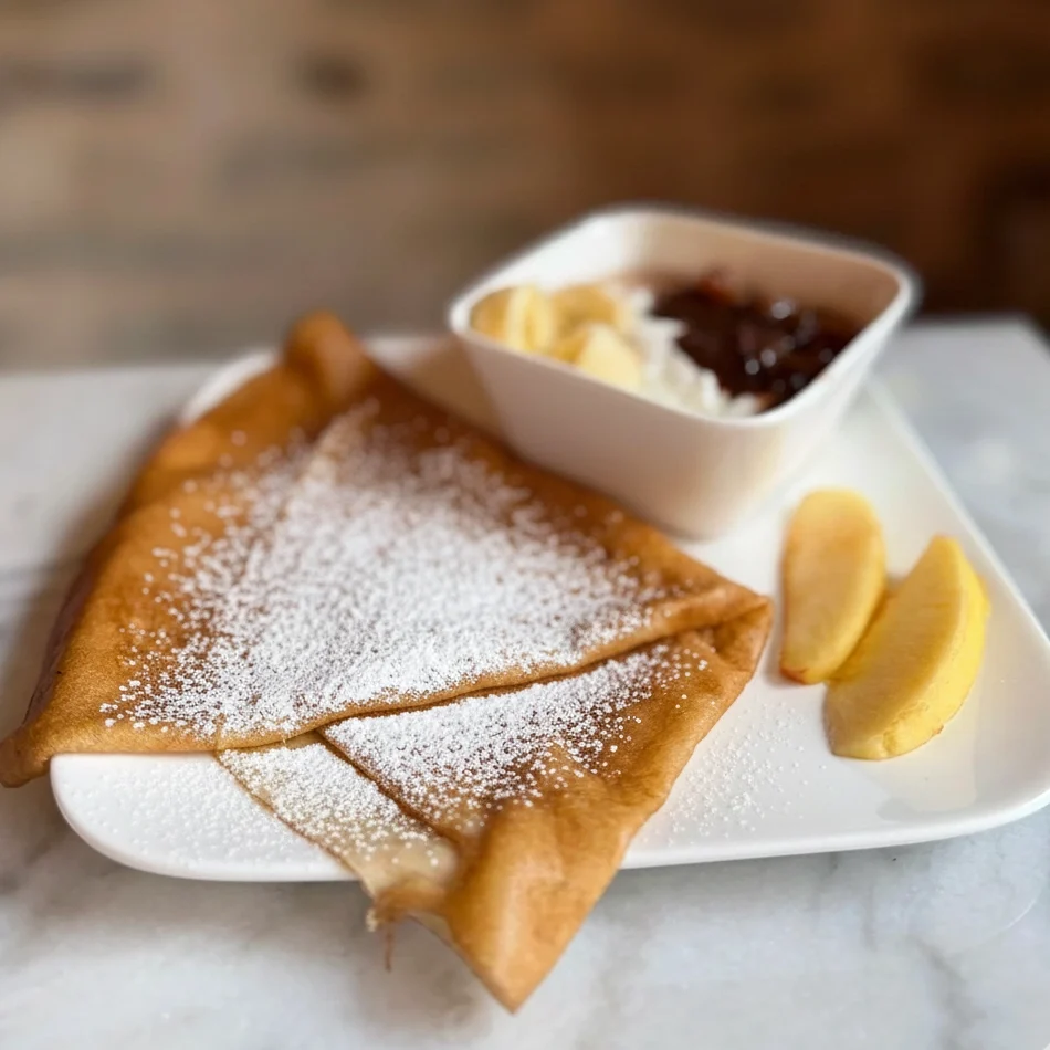 Une crêpe dorée pliée en triangle, généreusement saupoudrée de sucre glace, posée sur une assiette en porcelaine blanche décorée de baies, sur une table en bois texturé.
