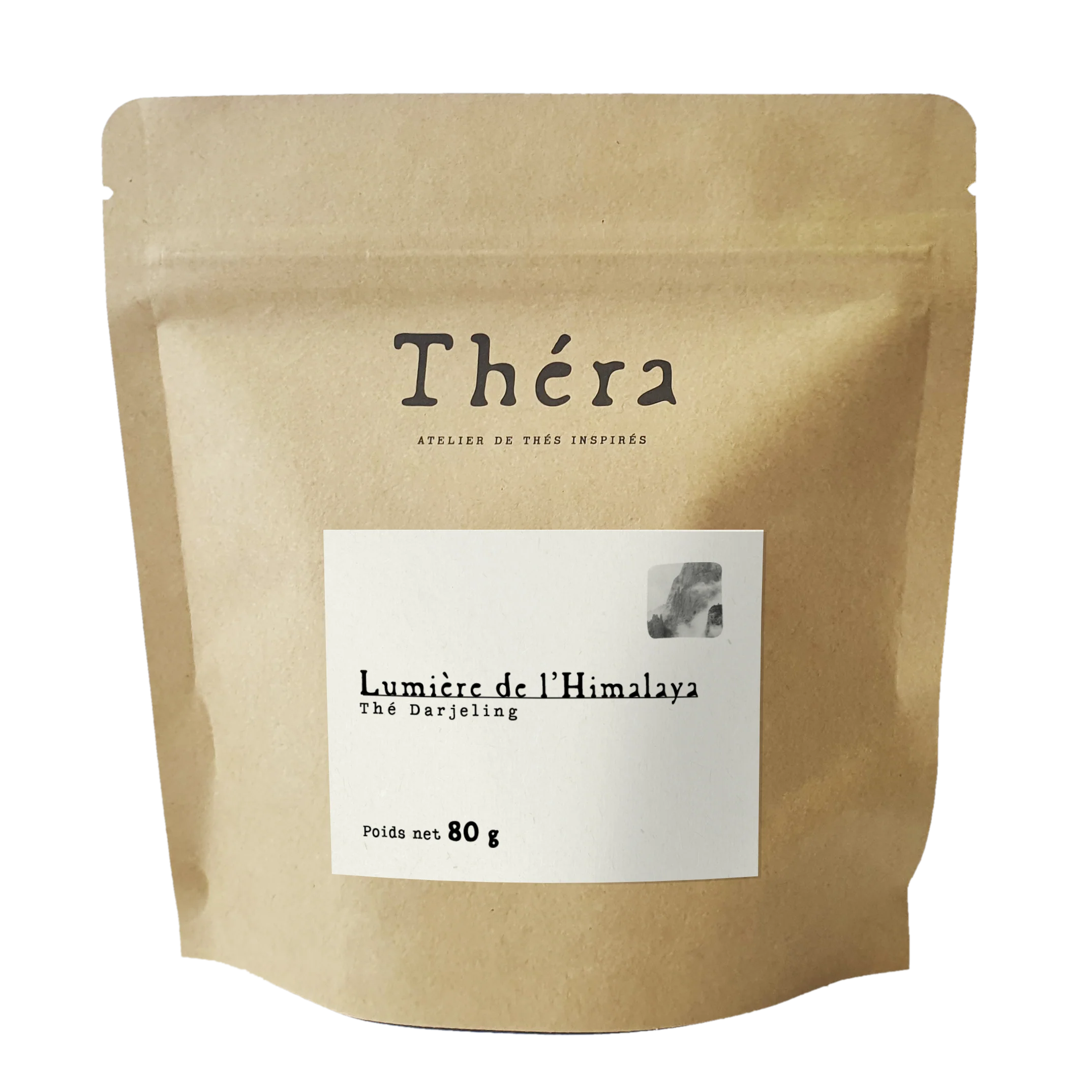 Sachet doypack vertical en papier kraft brun recyclable avec une étiquette carrée blanche et un logo "Théra"