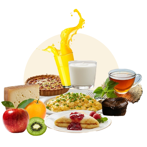 Assortiment gourmand du Salon de thé – Brunch – Crêpes – Snacking : crêpes, jus d’orange, fromage, salade, fruits et boissons servies Chez Mamie Suz’ salon de thé à Douarnenez.