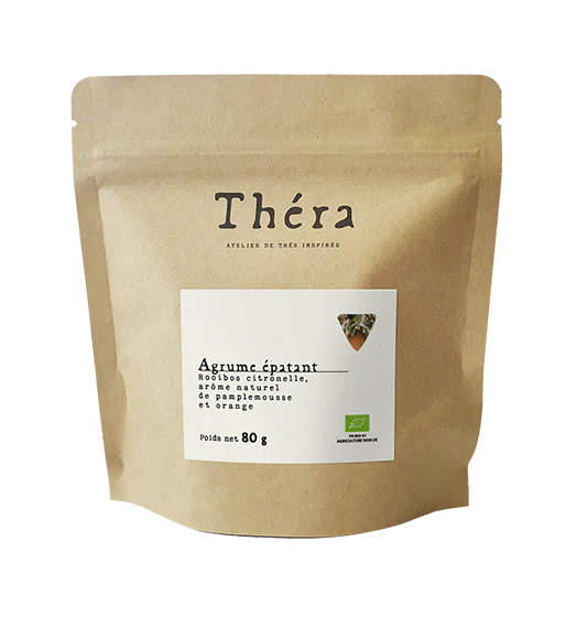 Sachet doypack vertical en papier kraft brun recyclable avec une étiquette carrée blanche et un logo "Théra"