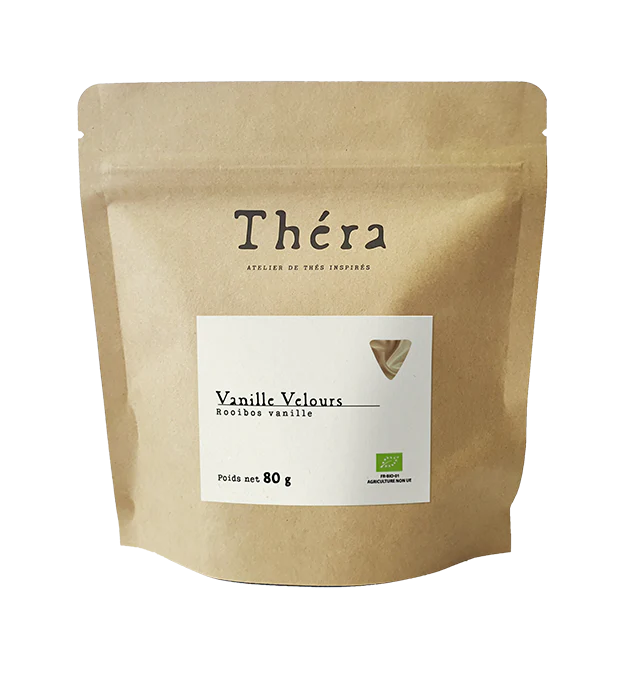 Sachet doypack vertical en papier kraft brun recyclable avec une étiquette carrée blanche et un logo "Théra"