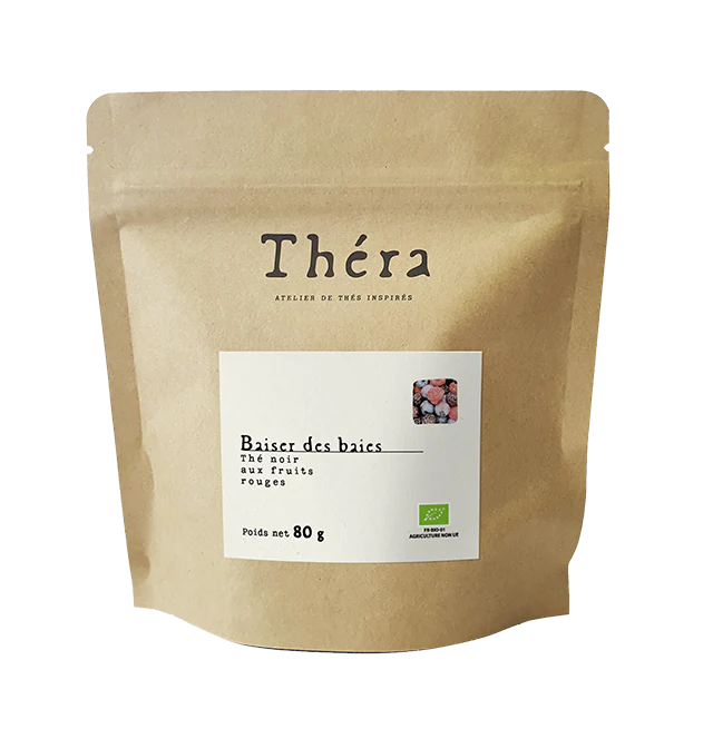 Sachet doypack vertical en papier kraft brun recyclable avec une étiquette carrée blanche et un logo "Théra"