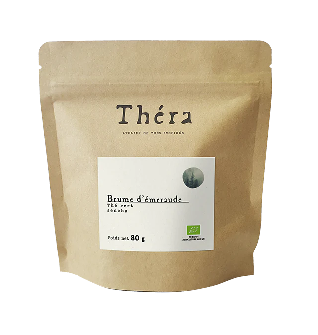 Sachet doypack vertical en papier kraft brun recyclable avec une étiquette carrée blanche et un logo "Théra"